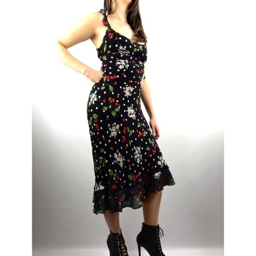 VTG Mica Mimi Maternity Y2K Cherry Floral Midi Dress Ruffle Large Black EUC